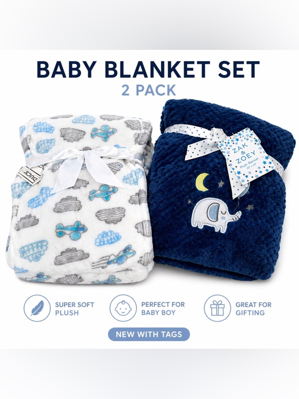 Zak & Zoey Baby Blanket Set 2 Pack Plush Boy Blue Elephant Cloud NWT
